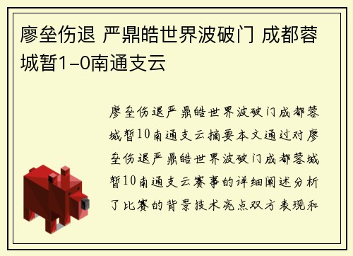 廖垒伤退 严鼎皓世界波破门 成都蓉城暂1-0南通支云